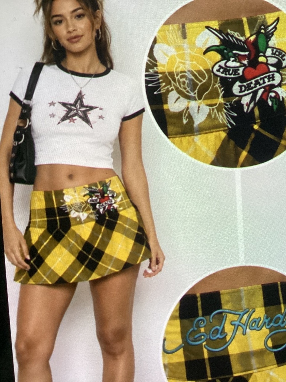 Ed Hardy NWT True Eagle Yellow Plaid Flare Mini  Skirt size Large Y2K Mall Goth